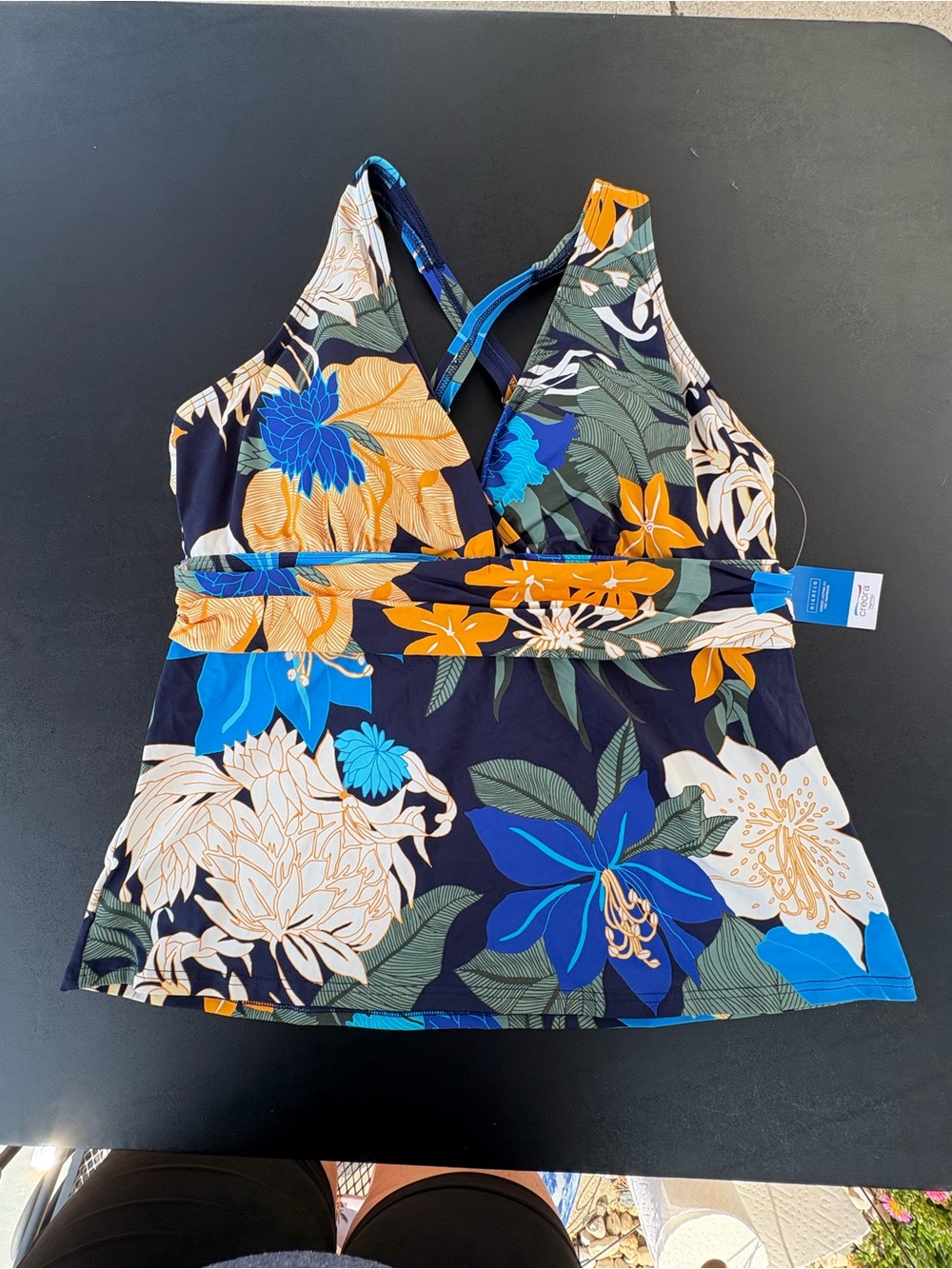 NWT Lands End floral V-Neck Tankini Top in Navy, Blue & Yellow XL